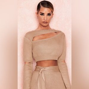 House of CB Mila Sand Cropped Cutout Knit Ribbed Sweater Size S